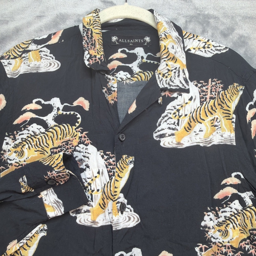 AllSaints Tiger Print Button Up Shirt Black Graphic Streetwear Mens XS